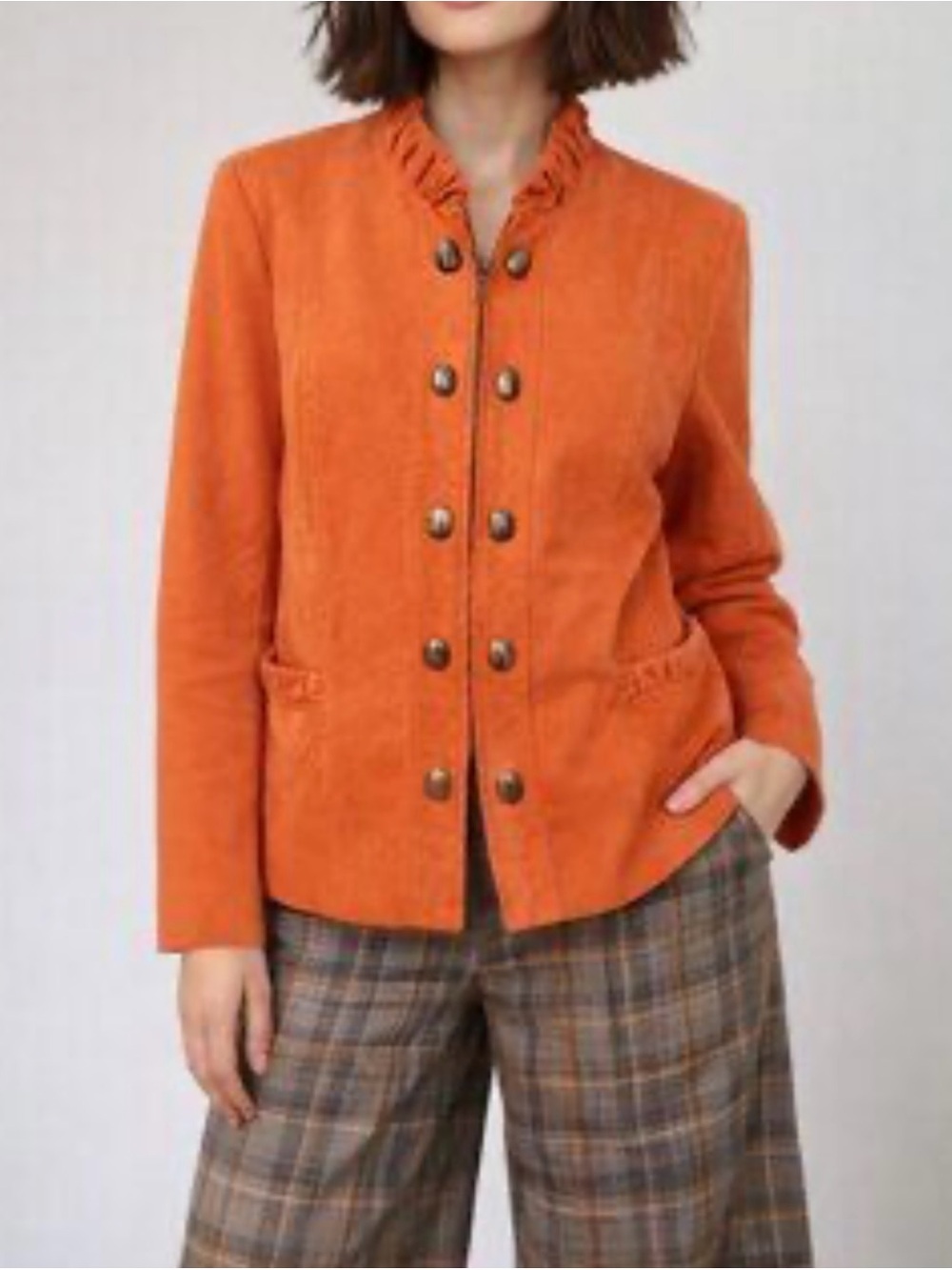 TanJay Women’s Orange Military Jacket Ruffle Collar Textured Blazer size 16
